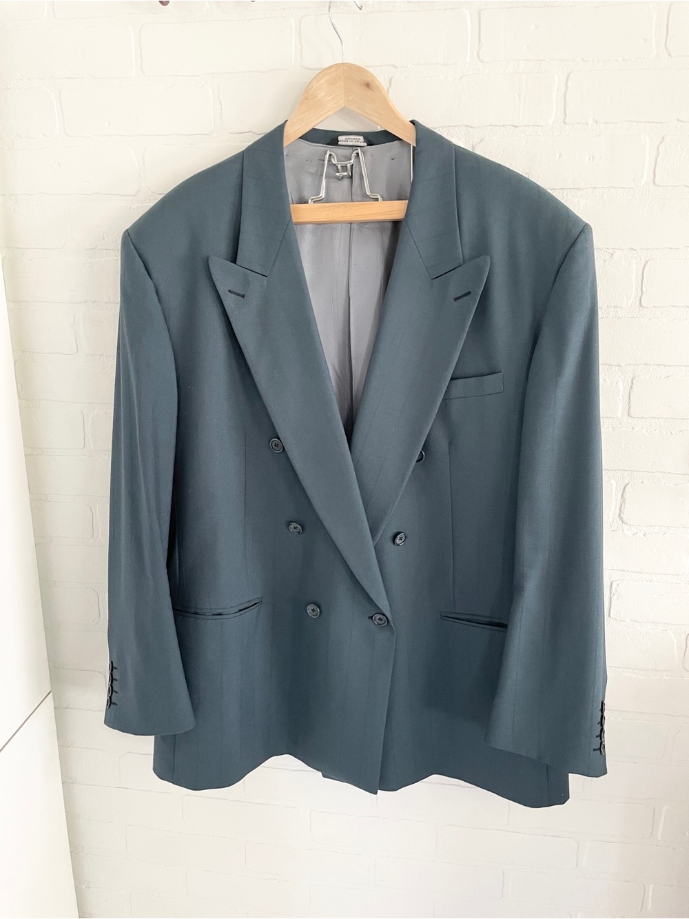 Vintage Power Blazer Virgin Wool Striped Oversized Teal A. Gold & Sons Sz 52L - Picture 3 of 16